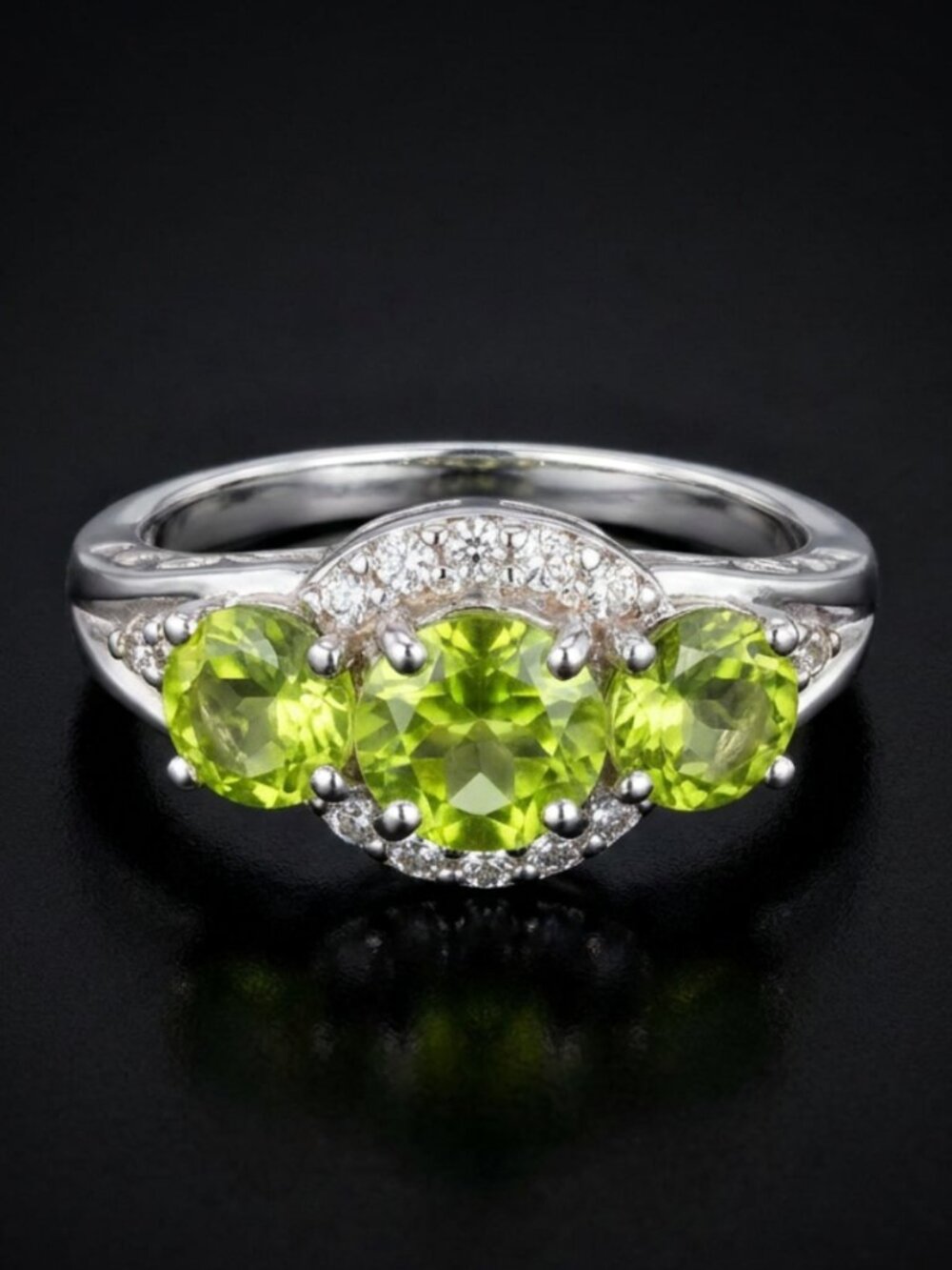 Vintage Three-Stone Peridot and Cubic Zirconia Sterling Silver Ring Size 6